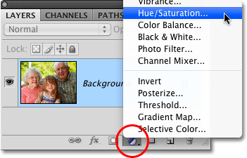 Selecting a Hue/Saturation adjustment layer in Photoshop. Image © 2010 Photoshop Essentials.com