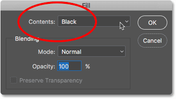 Changing the Contents option to Black in the Fill dialog box. 