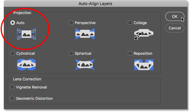 The Auto-Align Layers dialog box in Photoshop. 