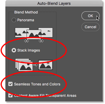 The Auto-Blend Layers dialog box. 