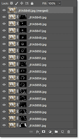 The Layers panel after focus stacking the images. 