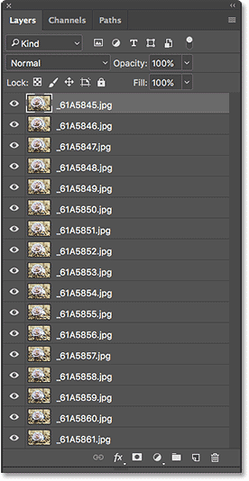 The Layers panel showing all of the images loaded as layers. 