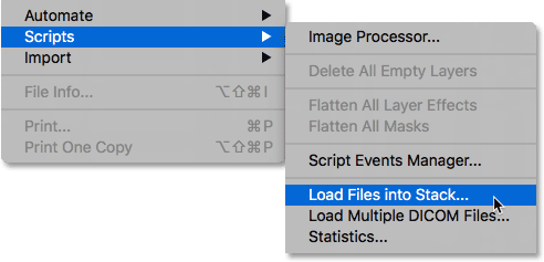 Choosing the Load Files into Stack command in Photoshop. 
