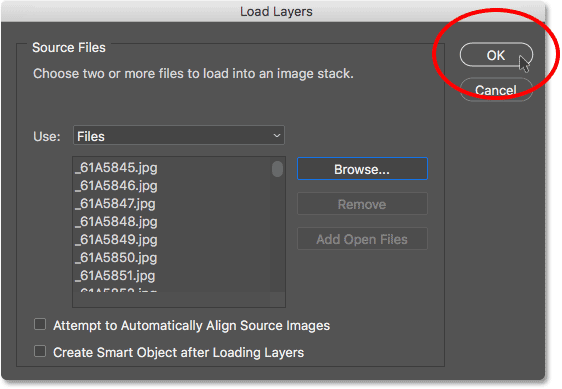 Clicking OK to load the images into Photoshop. 