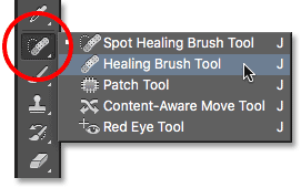 Selecting the Healing Brush from the Tools panel. Image © 2016 Photoshop Essentials.com
