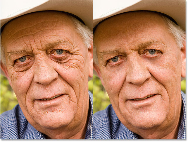 A side by comparison of the original image and the same image with the wrinkles removed. Image © 2016 Photoshop Essentials.com