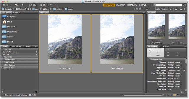 Selecting two photos at once in Bridge. Image © 2013 Photoshop Essentials.com