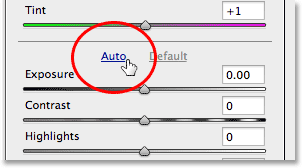 Clicking the Auto button in the Basic panel. Image © 2013 Photoshop Essentials.com