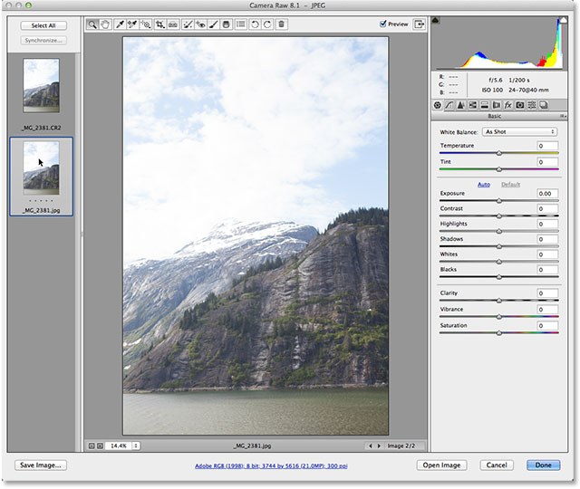 Switching from the raw file to the JPEG in Camera Raw. Image © 2013 Photoshop Essentials.com