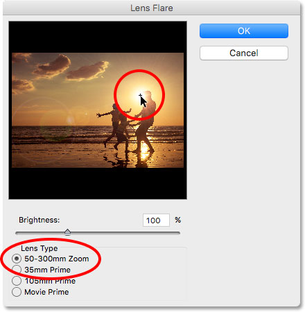 The Lens Flare dialog box in Photoshop. 