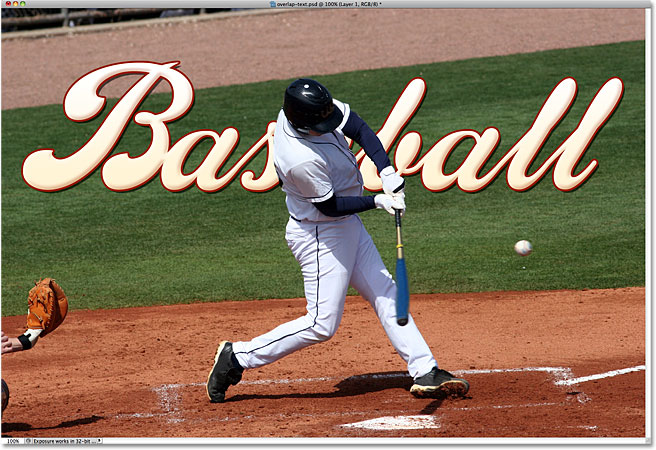 The baseball player now appears in front of the text.