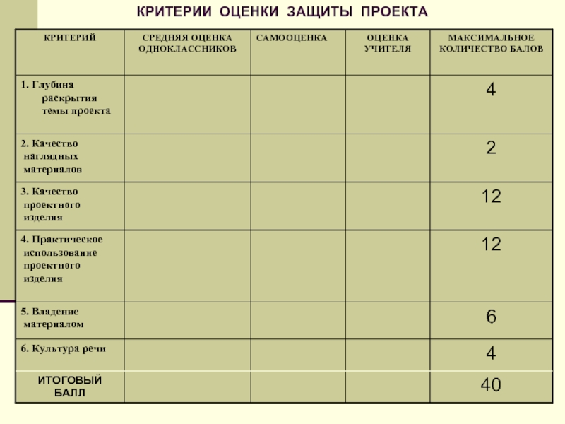 Оценивание проекта 9 класс