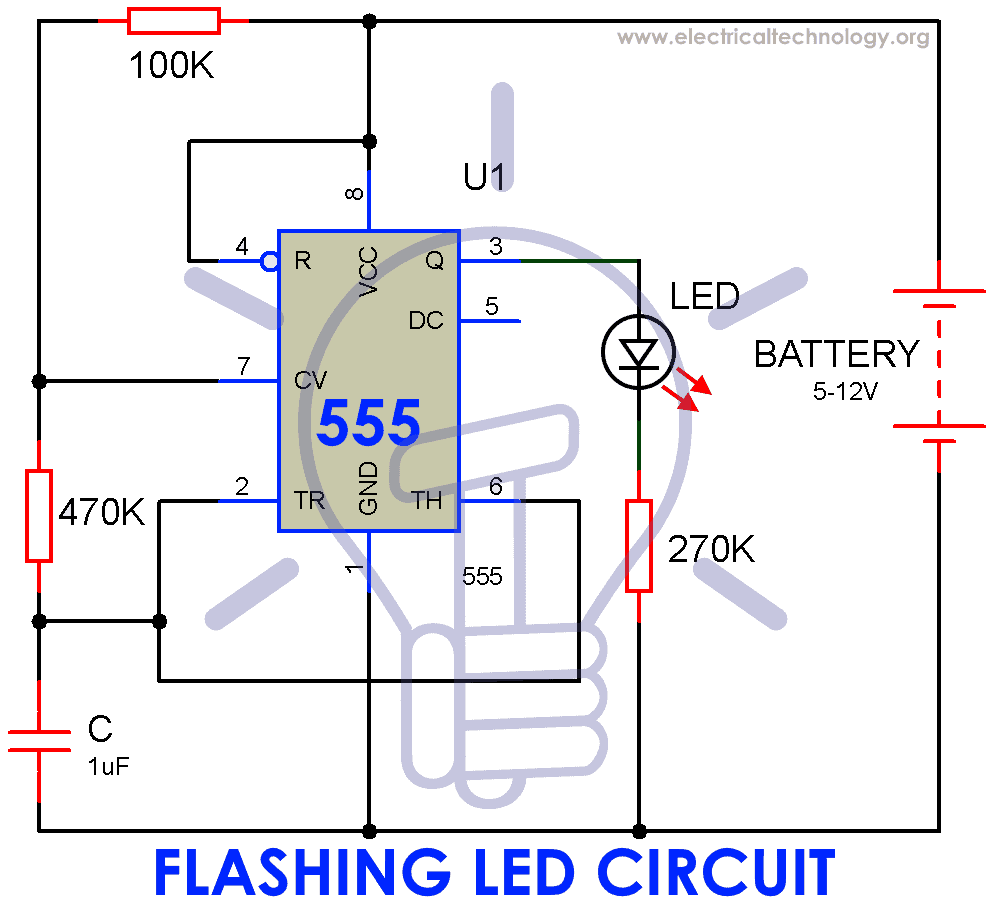 Circuit Diagram of Flashing LED Lamp Using 555 Timer IC